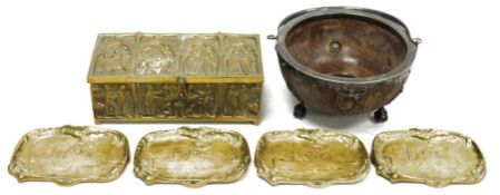Brass casket, rectangular with all over panels of figures in medieval style arches, 23cm wide, an
