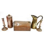 Two various old copper canisters, a brass jug and a pair of table candlesticks (1 box)