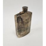George V silver spirit flask, rectangular, slightly curved and engine turned with hinged top,