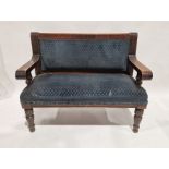 20th century stained wooden pub bench with upholstered seat and back, 98cm high x 122cm wide