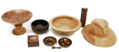 Two turned wood bowls, turned wood pedestal fruit stand, circular, a wooden model cowboy hat and