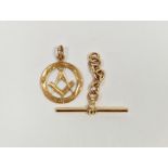 9ct gold (T-bar) from albert chain and 9ct gold masonic fob with compass and set square Condition