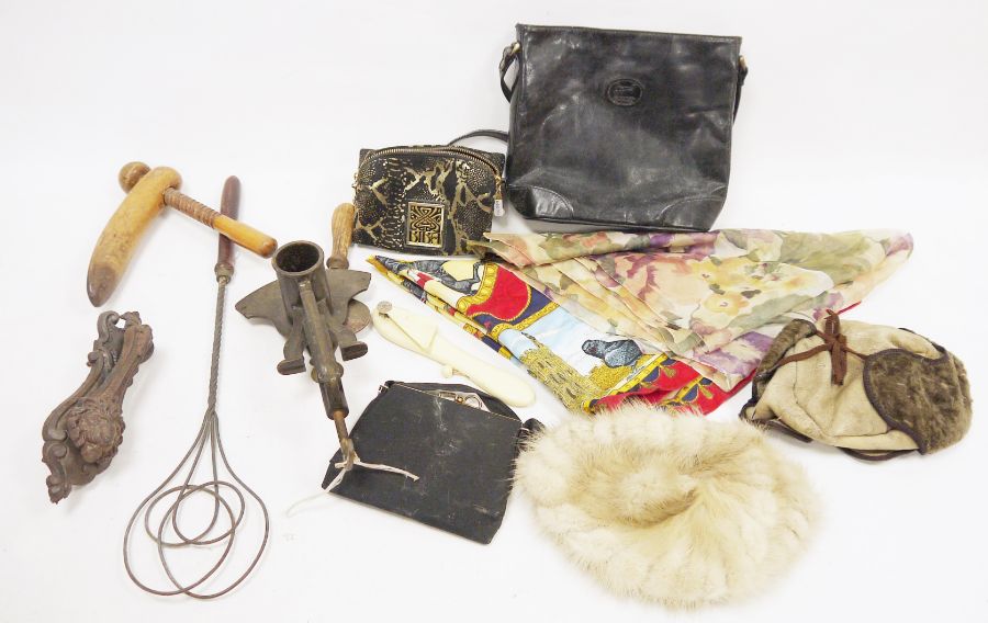 Quantity of sundry collectables to include wooden-handled carpet beater, sundry scarves, small