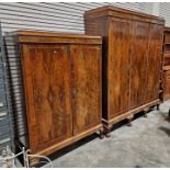 A large mahogany and walnut veneer three door wardrobe, together with a smaller matching wardrobe,