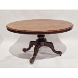 Victorian mahogany tilt-top dining table of oval form, with turned pillar support, on four