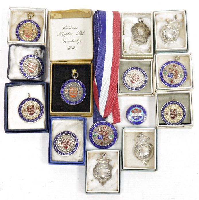 Collection of silver, silver gilt and enamel cycling medals, 1940's/50's and later (1 box)