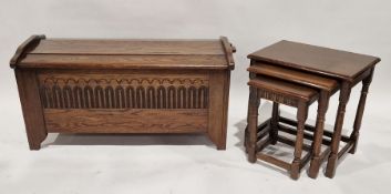 20th century oak blanket box, with carved decoration to the front panel, 49cm high x 105cm wide x