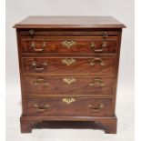 Reproduction mahogany bachelor's chest of four long drawers with brass drop handles, on bracket
