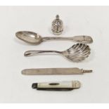 Victorian silver scallopshell caddy spoon, hallmarked Sheffield, 1893, a silver domed pierced sifter