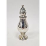 Silver sugar caster with pyriform body, high domed pierced lid and on circular rope twist border