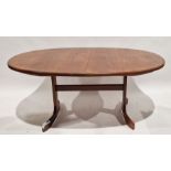 Mid century teak G Plan stained oval extending dining table with six chairs, h. 72cm, l. 163cm, w.