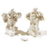 Pair of Plymouth porcelain white models of musicians, circa 1770, modelled as a lady and gentleman