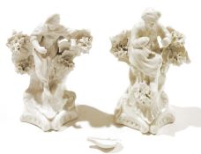 Pair of Plymouth porcelain white models of musicians, circa 1770, modelled as a lady and gentleman