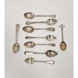 Edwardian trifid-end rattail child's spoon and eight various teaspoons