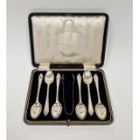 Set of six silver tea spoons with lanceolate handles and the matching sugar nips, Birmingham