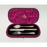 Victorian cased engraved silver christening set, comprising: a knife, fork and spoon, engraved