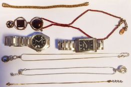 Quantity of pendants on chains, watches and other costume jewellery (1 box)