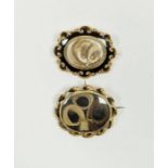 Victorian gold coloured metal, enamel and hair mourning brooch, centre glass with hair scroll and