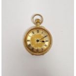 Lady's 18K gold fob watch, having gold-coloured engine-turned dial with Roman numerals, the case