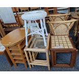 Nest of three bamboo-effect glass topped coffee tables, of rectangular form, two tile top tables, an