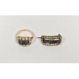 Early 19th century gold and pearl mourning ring dated 1814, and gold and seed pearl hair set lace