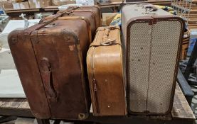 Vintage bentwood and leather-bound travelling trunk, a vintage Pioneer suitcase and a further