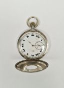 Silver cased half hunter pocket watch, the enamel dial having Roman numerals denoting hours, seconds