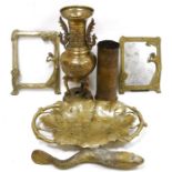 Chinese brass censer of flared vase form and on circular foot, 36cm high, brass ivy leaf pattern