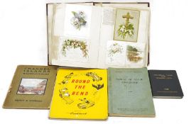 Victorian scrapbook with greetings cards, humorous cards, cut-outs, etc and three other volumes
