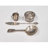 Early Victorian silver caddy spoon, fiddle pattern, London 1838, an Edwardian silver miniature