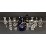 Group of 19th century cruet bottles, decanters and measures, including: a silver-mounted cut-glass