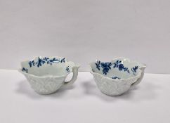 Two Worcester blue and white leaf-shaped pickle dishes, circa 1757, blue workman's 4 mark to