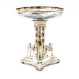 Late 19th century silver plated tazza on stand, the stand formed of three pillars with surrounded by