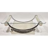 20th century glass top coffee table of rounded rectangular form on white painted plaster and metal