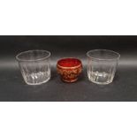 Pair of early 19th century panel-cut cylindrical bowls or rinsers and a cranberry tinted and gilt