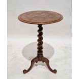 Victorian mahogany circular occasional table with chess board inlaid top, barley twist support and