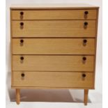 Modern oak veneer chest of drawers comprising five long drawers, on square tapering legs, 100cm high