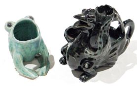 Lauder (Barum) Art Pottery Cockatrice / Griffin candlestick and a Baron (Barnstaple) frog spoon