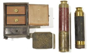 Brass three-draw red morocco bound telescope, another, a metal-mounted doll's miniature chest of