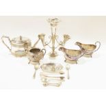 Silver plated wares to include a three-branch epergne, a 19th century teapot by James Dixon &