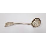 White metal sugar casting spoon, fiddle pattern, and a silver mustard pot, circular, raised on three