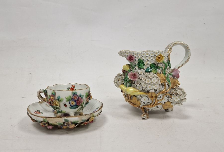 Late 19th Century Meissen Schneeballen milk-jug and a flower encrusted teacup and saucer, blue - Image 2 of 4