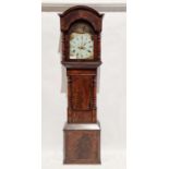 19th century eight-day longcase clock in mahogany case, the broken arch painted face with roman