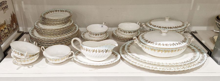Foley bone china pale blue and white ground part dinner service, gilt with leafy tendrils, including