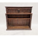 19th century carved oak bookcase, the raised back carved scrolled lunettes flanked by carved