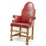 19th century oak framed armchair, in the style of the 17th century. The oak framed chair with