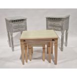 Modern nest of three beech tables and a pair of modern white painted bedside chests