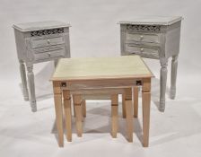 Modern nest of three beech tables and a pair of modern white painted bedside chests