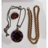 Rolled gold rope-twist pattern chain-link necklace, an amber-mounted silver Arts & Crafts brooch,