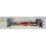 Five boxed tinplate toys to include Schylling Rocket Carousel, Schylling Aerodrome Airport control